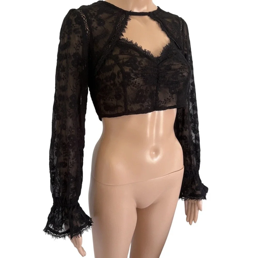 Free People Intimately Sheer Lace Crop Top Black Long Sleeve S NWT Whimsigoth
